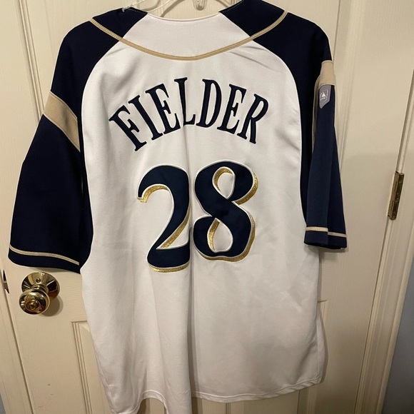 Majestic Brewers Fielder 28 Baseball Jersey - White and Navy - Picture 2 of 5